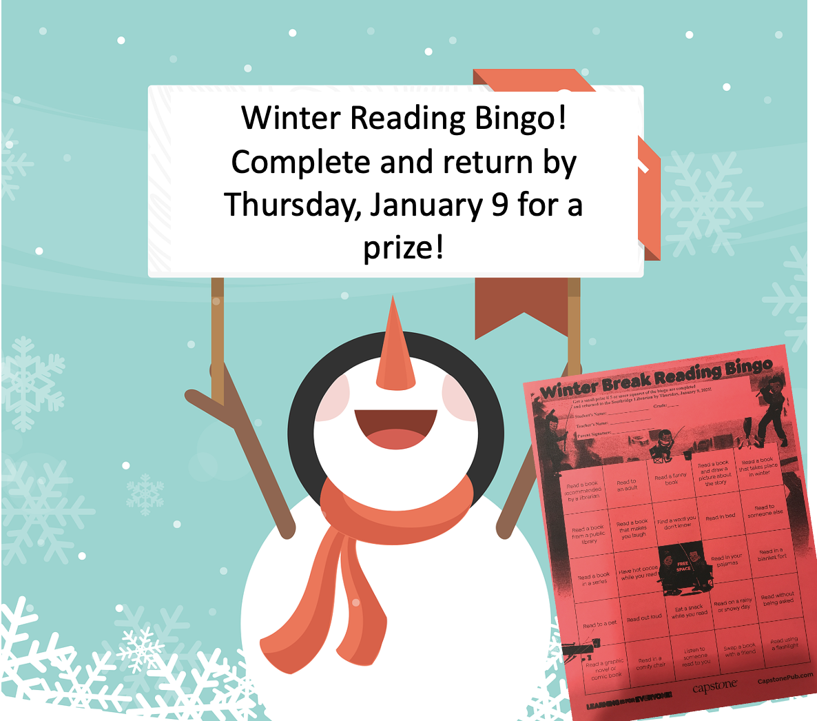Complete Southridge winter reading bingo by January 9 for a free book and small prize!
